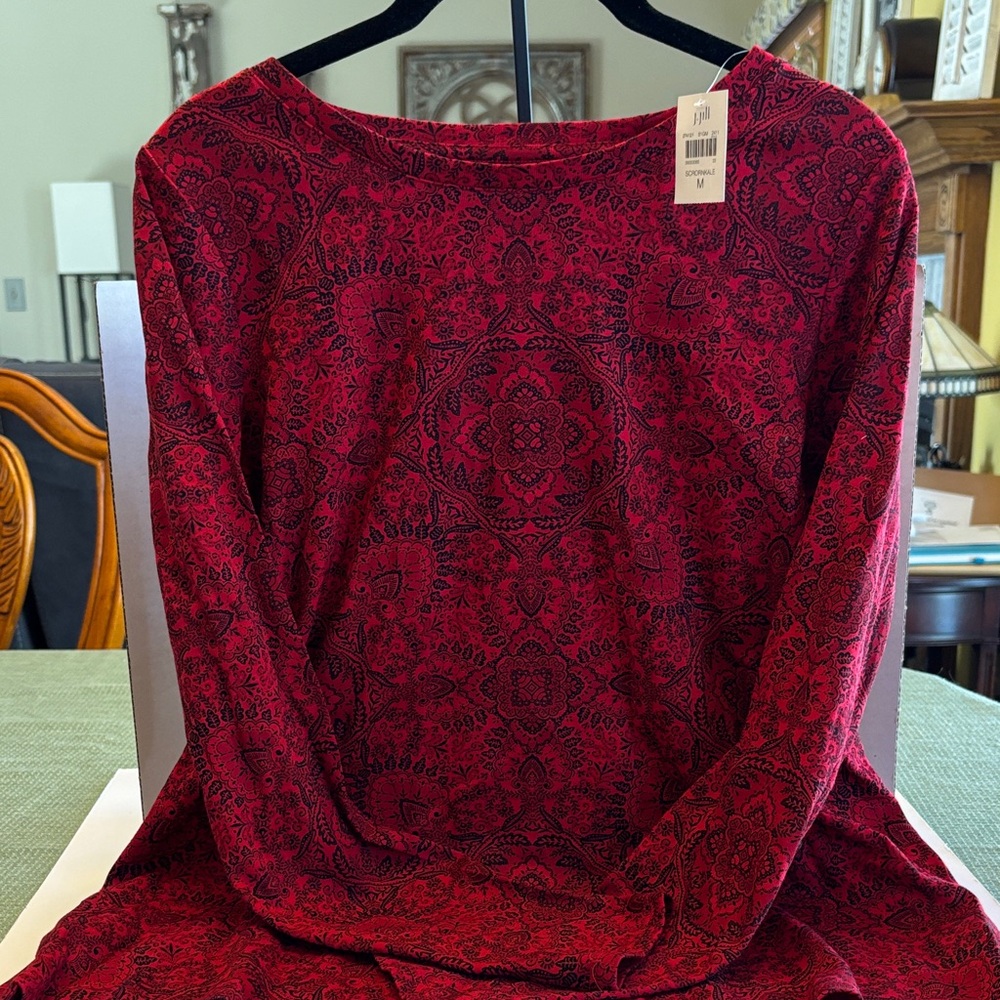 J Jill Red  and Black Patterned Long Sleeve Top Size Medium